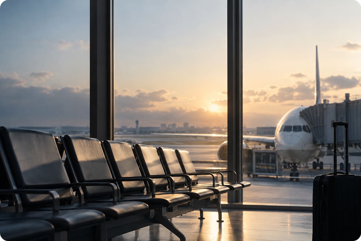 Une salle d'embarquement vide au petit matin, un avion au contact