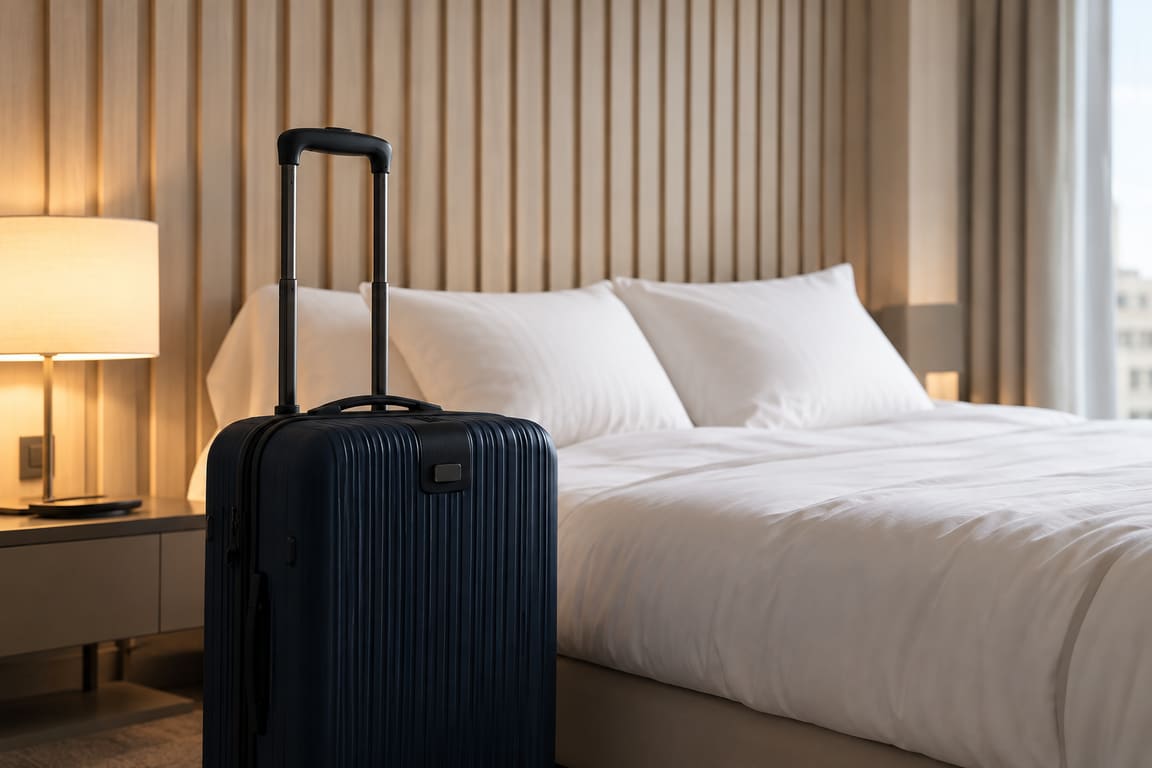 Une valise posée dans une chambre d'hôtel à l'arrivée